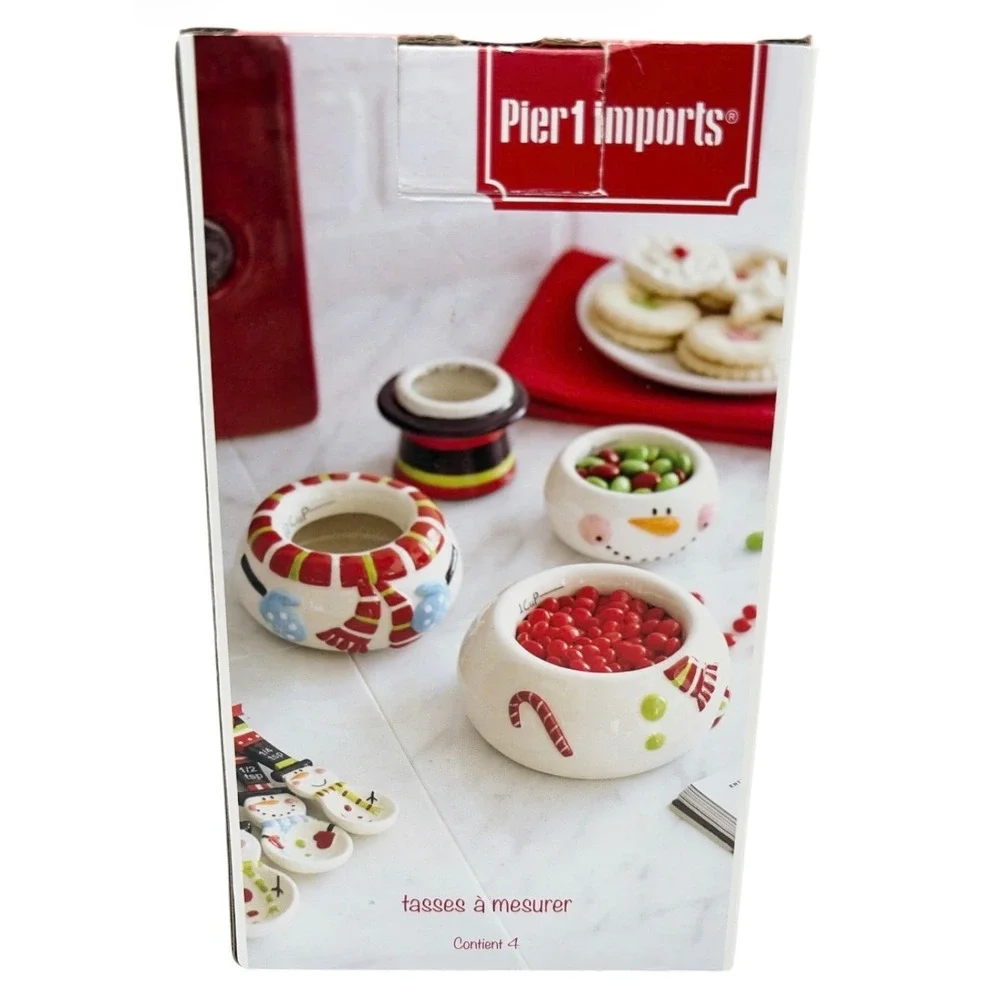 Pier 1 Stacking Ceramic Snowman Measuring Cups Christmas Candy Snack Bowls Set
